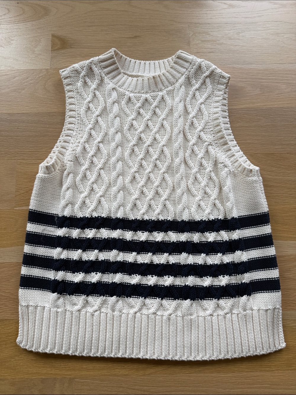 Cable Knit Sleeveless Sweater Vest - White with Black Stripes